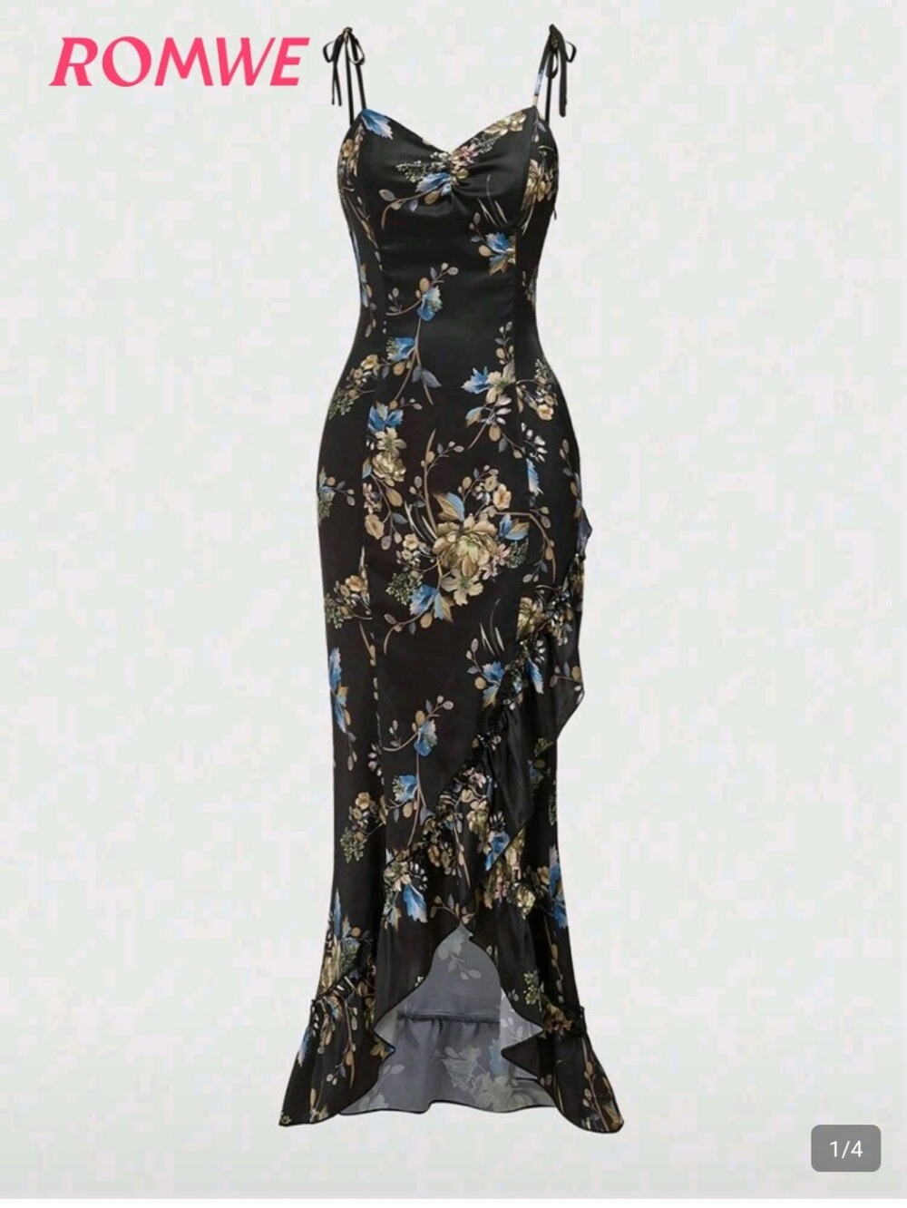 ROMWE Black Floral High-Low Tie-Shoulder Ruffle Dress